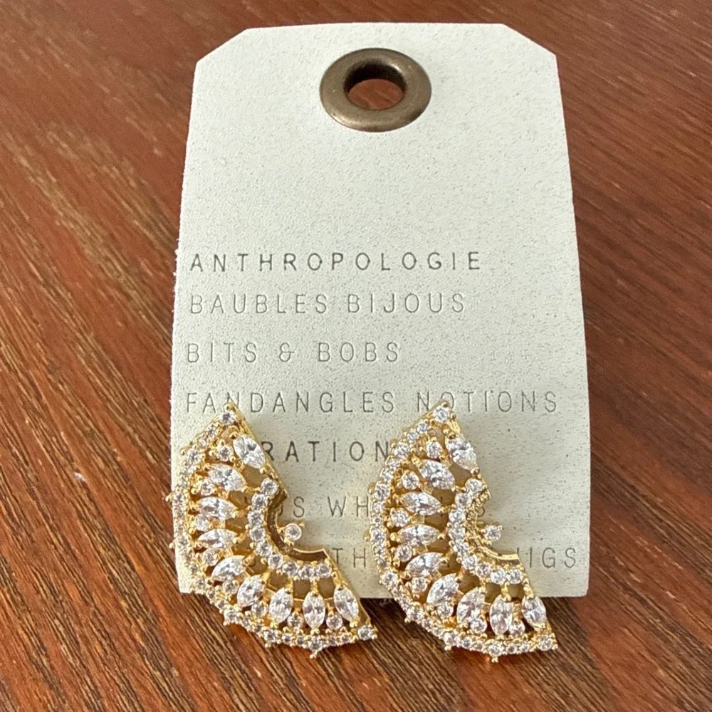 Anthropologie‎ 14K Gold Plated Crystal Fan Bridal Formal Statement Earrings NWT